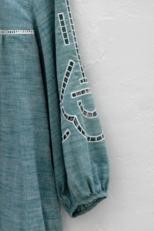 Closet up, Ancient Kallos soap green embroidered sleeve