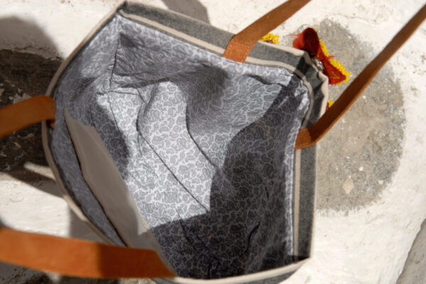 Close up, Mina's handmade ethnic bag with cotton lining