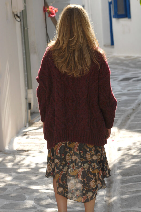 Back photo, wearing bordaux blend mix cardigan