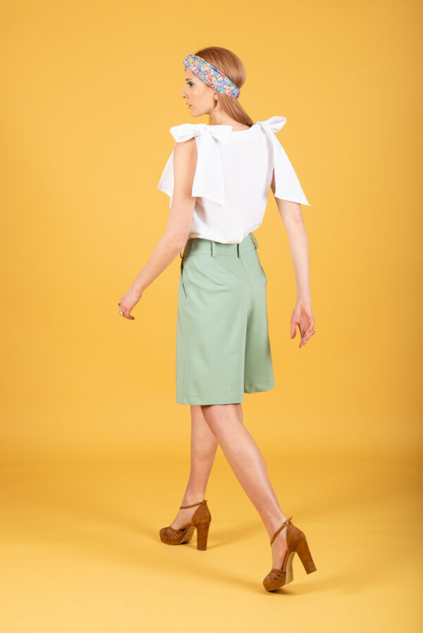 Back photo, model wearing green tea cotton shorts