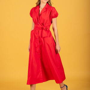 Model wearing red long dress
