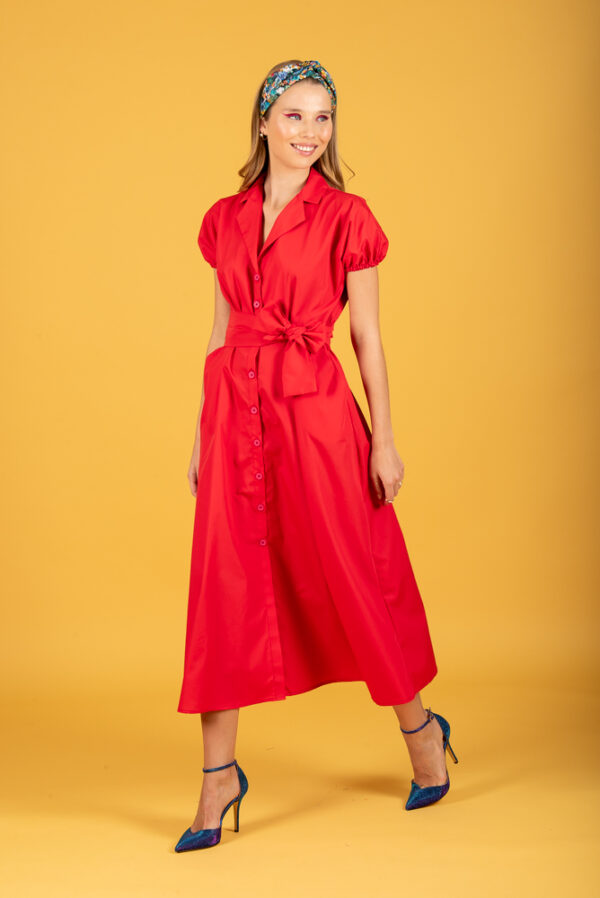 Model wearing red long dress