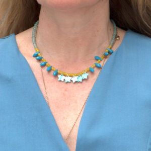 Close up photo, wearing pastel short necklace