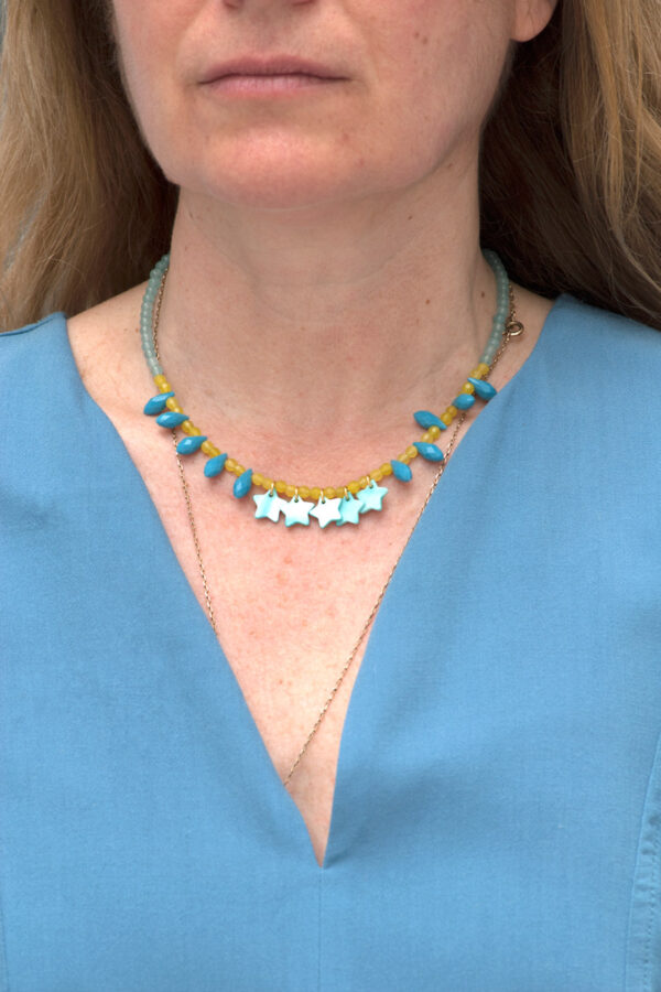 Close up photo, wearing pastel short necklace