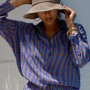 Model wearing silk print shirt