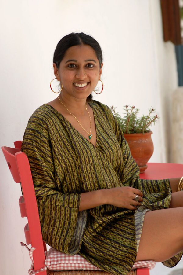 Model wearing silk loose blouse