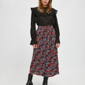Model wearing floral print midi skirt