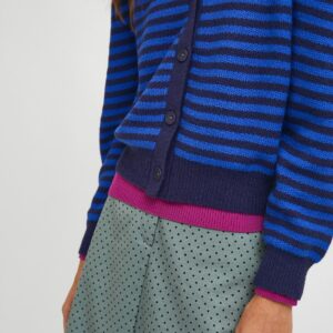 Close up photo, model wearing blue striped cardigan