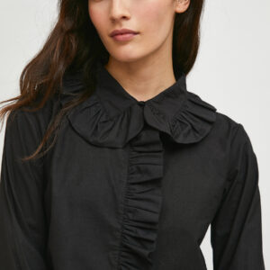 Model wearing black poplin shirt