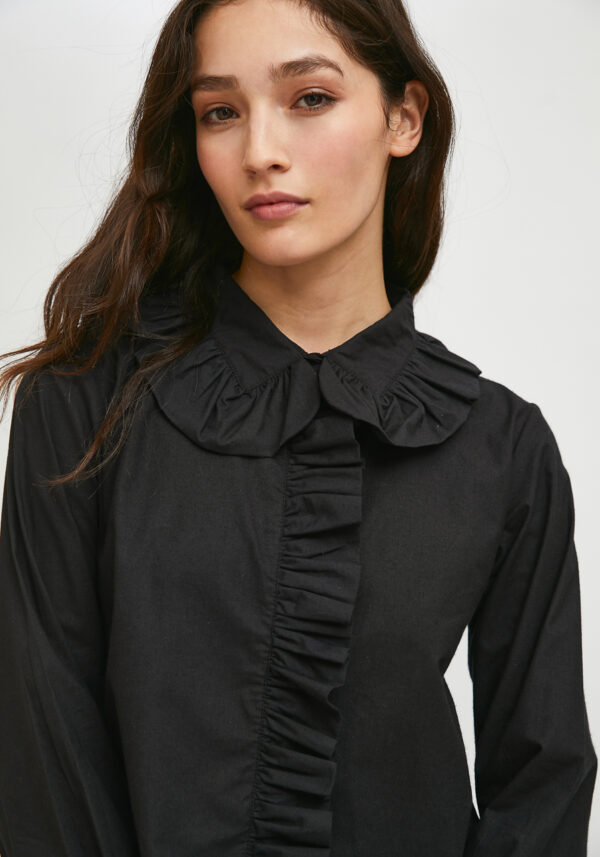 Model wearing black poplin shirt