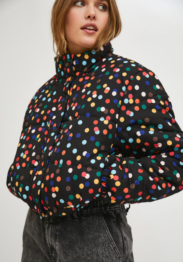 Close up photo, model wears polka dot print jacket