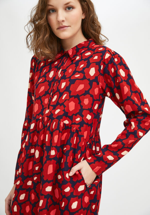 Model wears poppy print dress