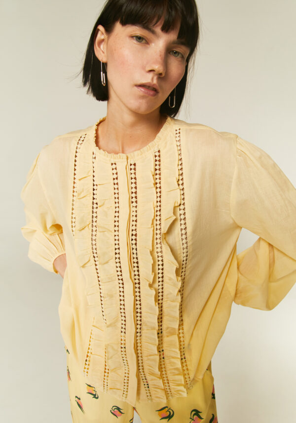 Model wears stand up collar broderies blouse