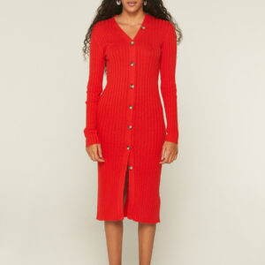 Model wears, red knit dress