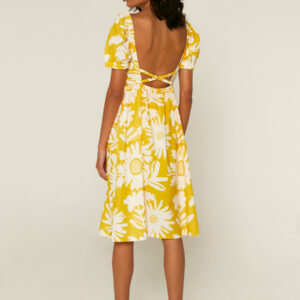 Back photo, model is wearing yellow print dress with cross back straps
