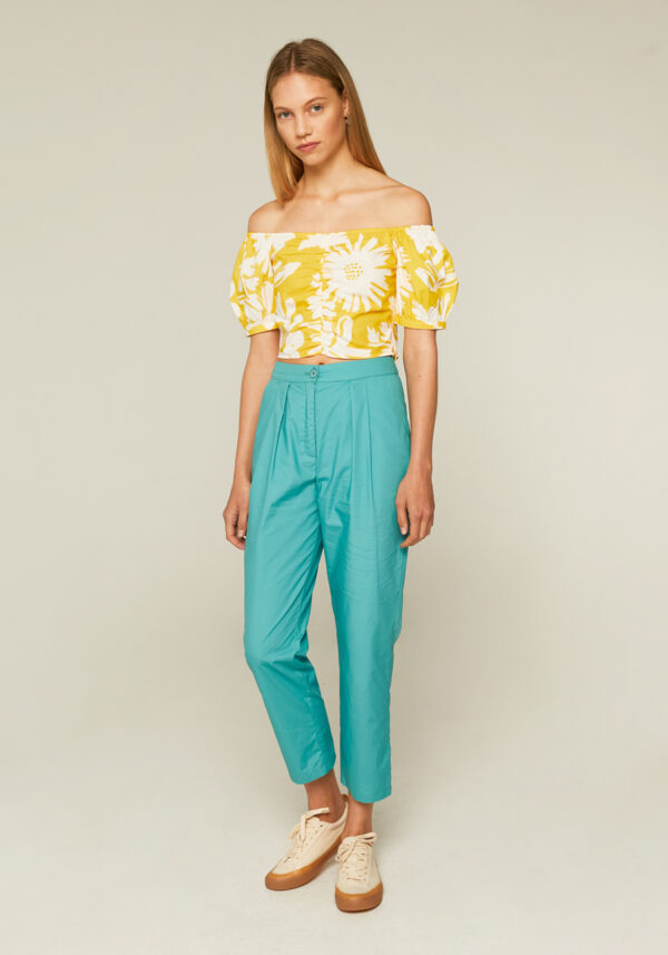 Model is wearing yellow floral print top