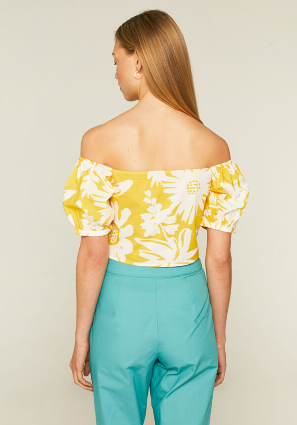 Back photo, model is wearing wide off shoulder short top