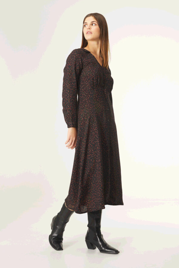 Model wears polka dot print dress