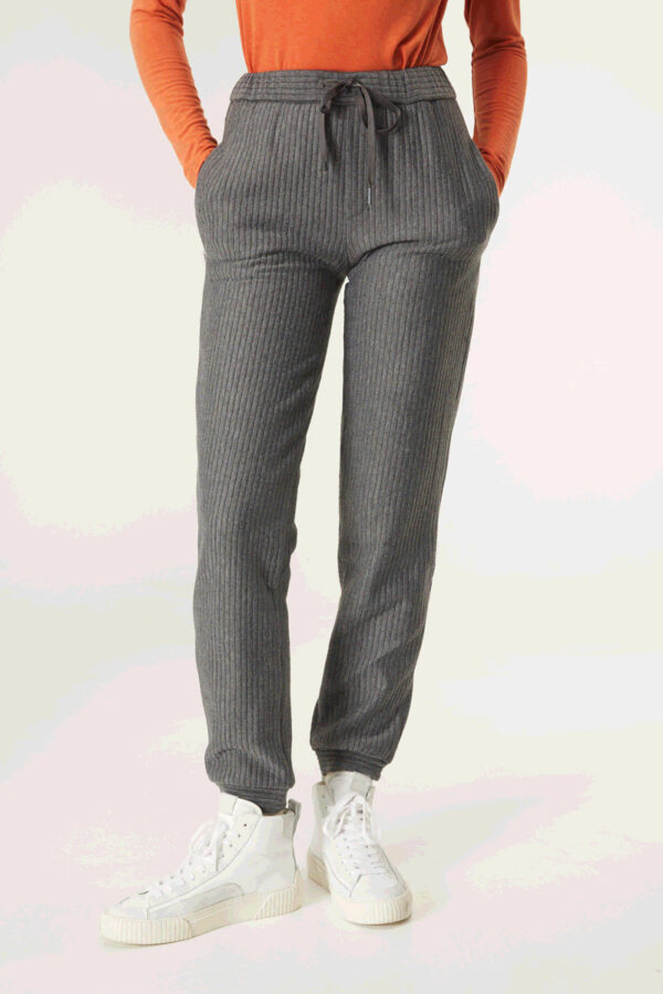 Close up photo, model wears mid rise waist grey trousers