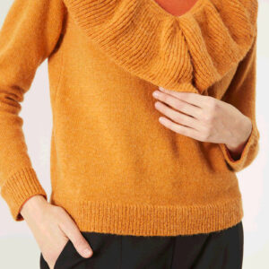 Close up photo, model wears mustard sweater