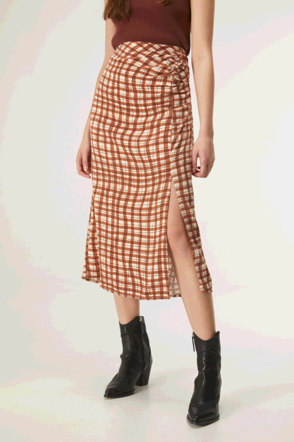 Close up photo, model wears gingham midi skirt