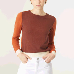 Model wears multicolour brown knit jumper