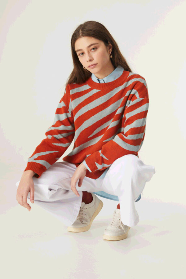 Model wears zebra print knit jumper