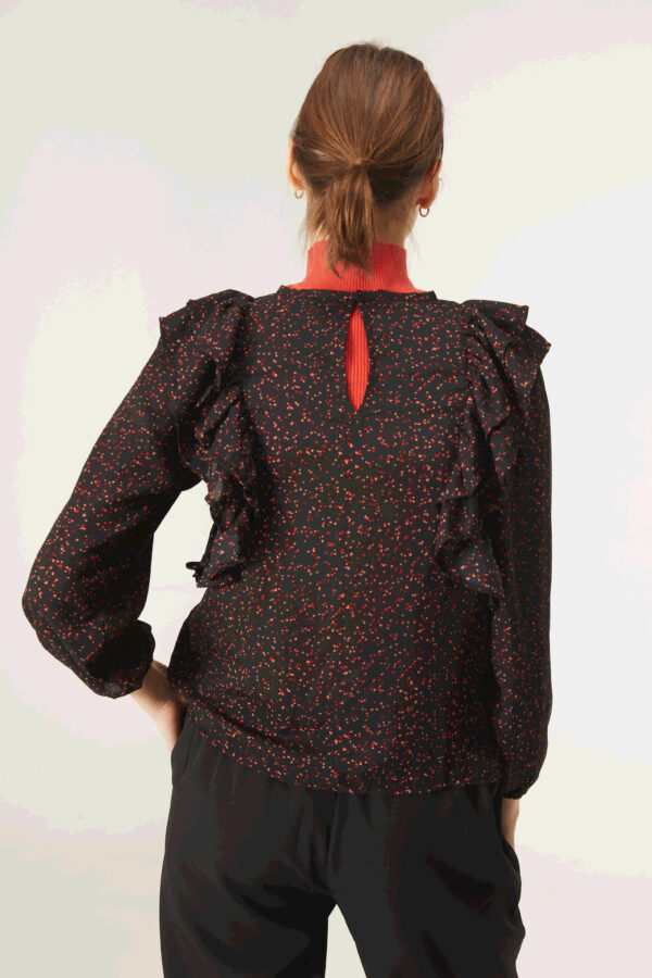 Back photo model wears blouse with puff sleeves