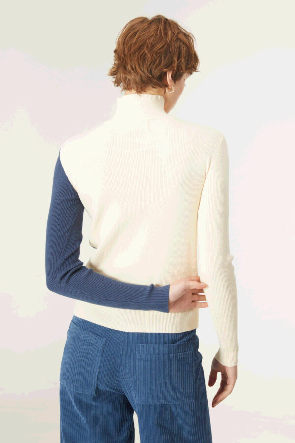 Back photo model wears three coloured jumper