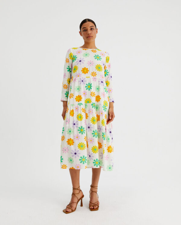 Model wears floral dress with long sleeves