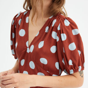 Close up photo, model wears polka dot dress with puff sleeves