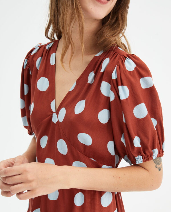 Close up photo, model wears polka dot dress with puff sleeves