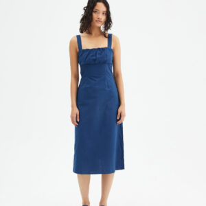 Model wears blue midi dress