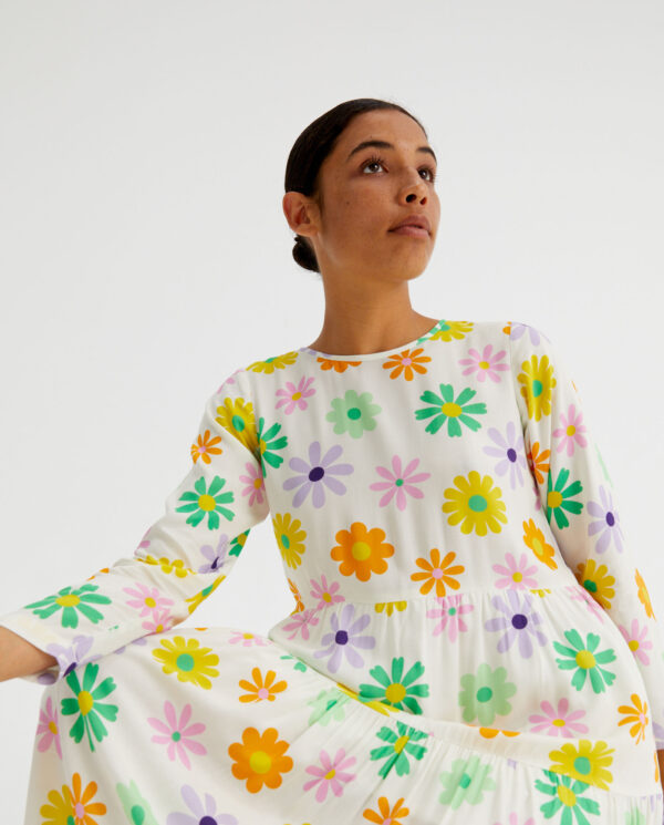 Model wears viscose floral dress