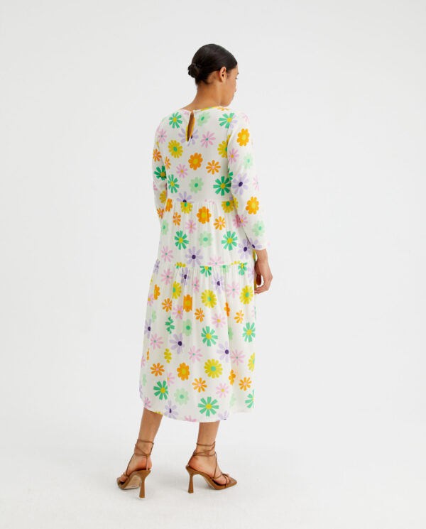 Back photo model wears colorful floral dress