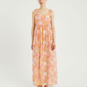 Model wears flower print maxi dress