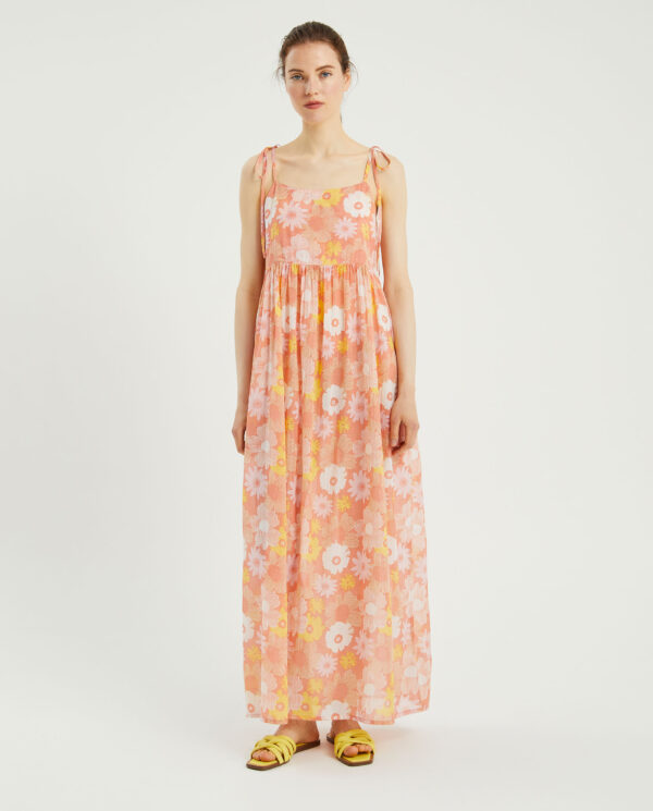 Model wears flower print maxi dress