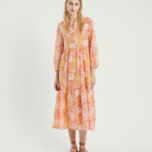 Model wears flower print cotton dress