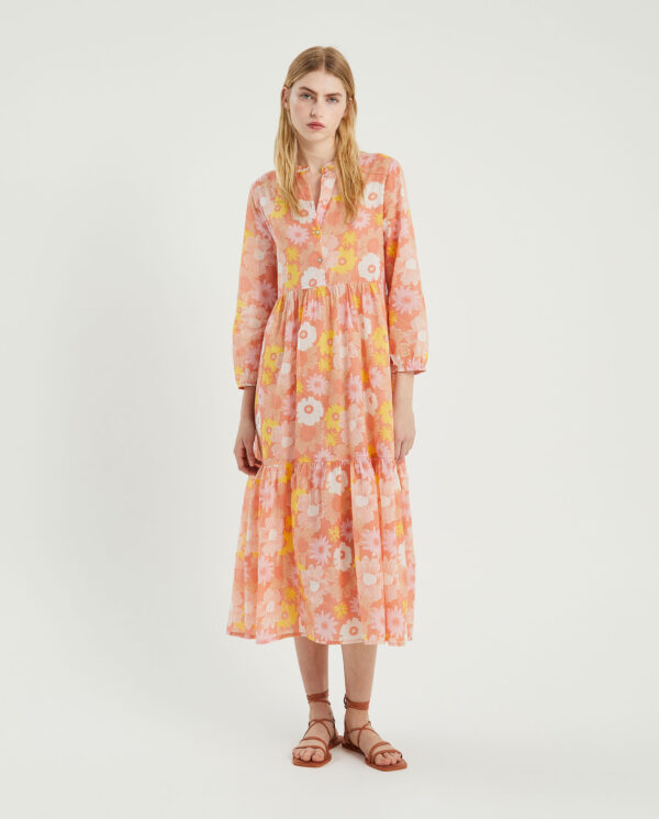 Model wears flower print cotton dress