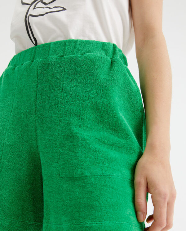 Close up photo model wears green short pants