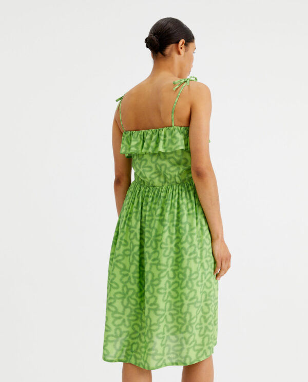 Back photo model wears green floral strappy dress