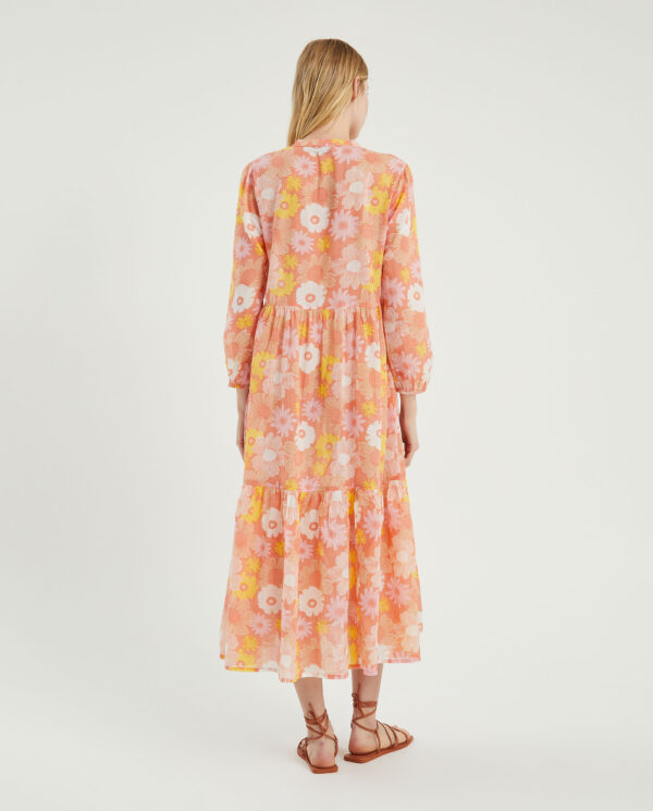 Back photo model wears light cotton flower dress