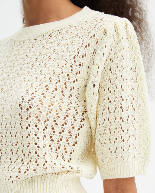 Close up photo model wears off white knit jumper