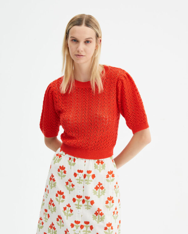 Model wears red knit jumper