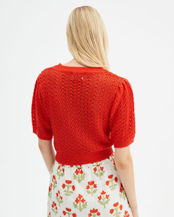 Back photo model wears red knit blouse