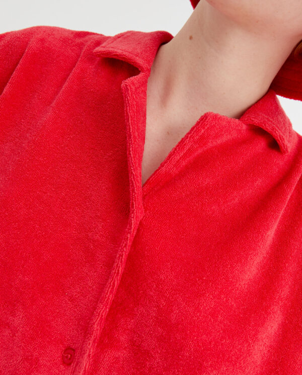 Close up photo model wears red cotton short shirt
