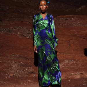 Model wears silk print dress